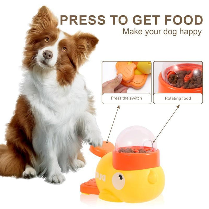 Dog pressing the pedal of the PawKind Press & Snack Duck