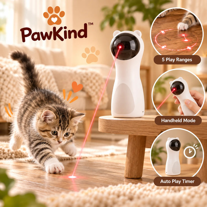 PawKind Auto-Play Laser Cat Toy with a kitten chasing the red dot: 5 play ranges, handheld mode, auto play timer
