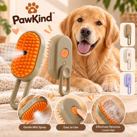 PawKind 3-in-1 Mist Grooming Brush with a golden retriever: gentle mist spray, easy to use, removes loose hair