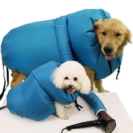 Pet drying bag on a small and a large dog