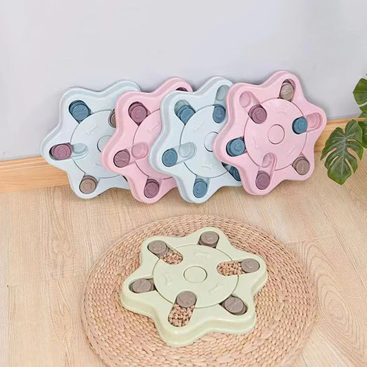 Flower-shape dog puzzle feeders in three colors