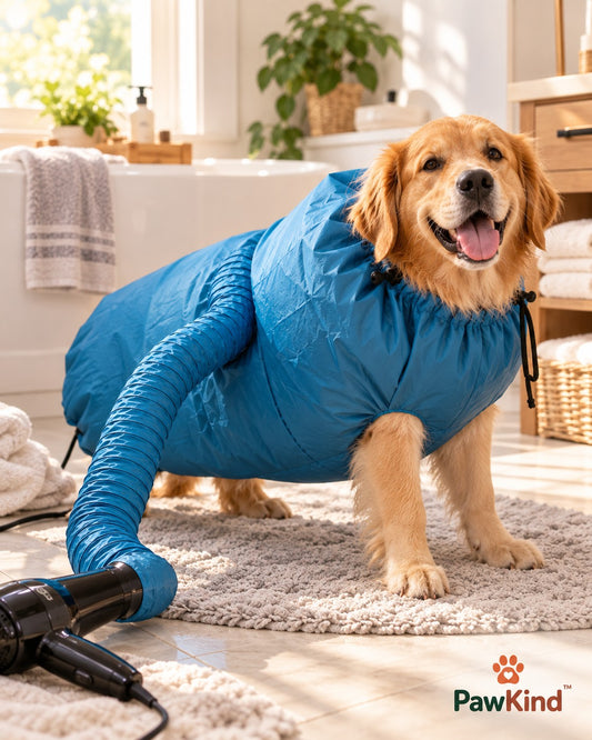 Golden retriever drying hands-free in the PawKind pet drying bag