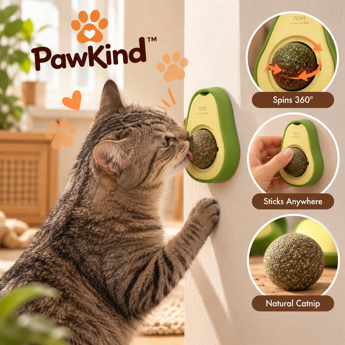 Cat licking the PawKind Avocado Catnip Wall Ball: spins 360°, sticks anywhere, natural catnip