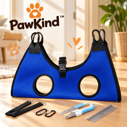 PawKind Calm Grooming Hammock Kit with straps, carabiners, nail clipper, nail file and comb