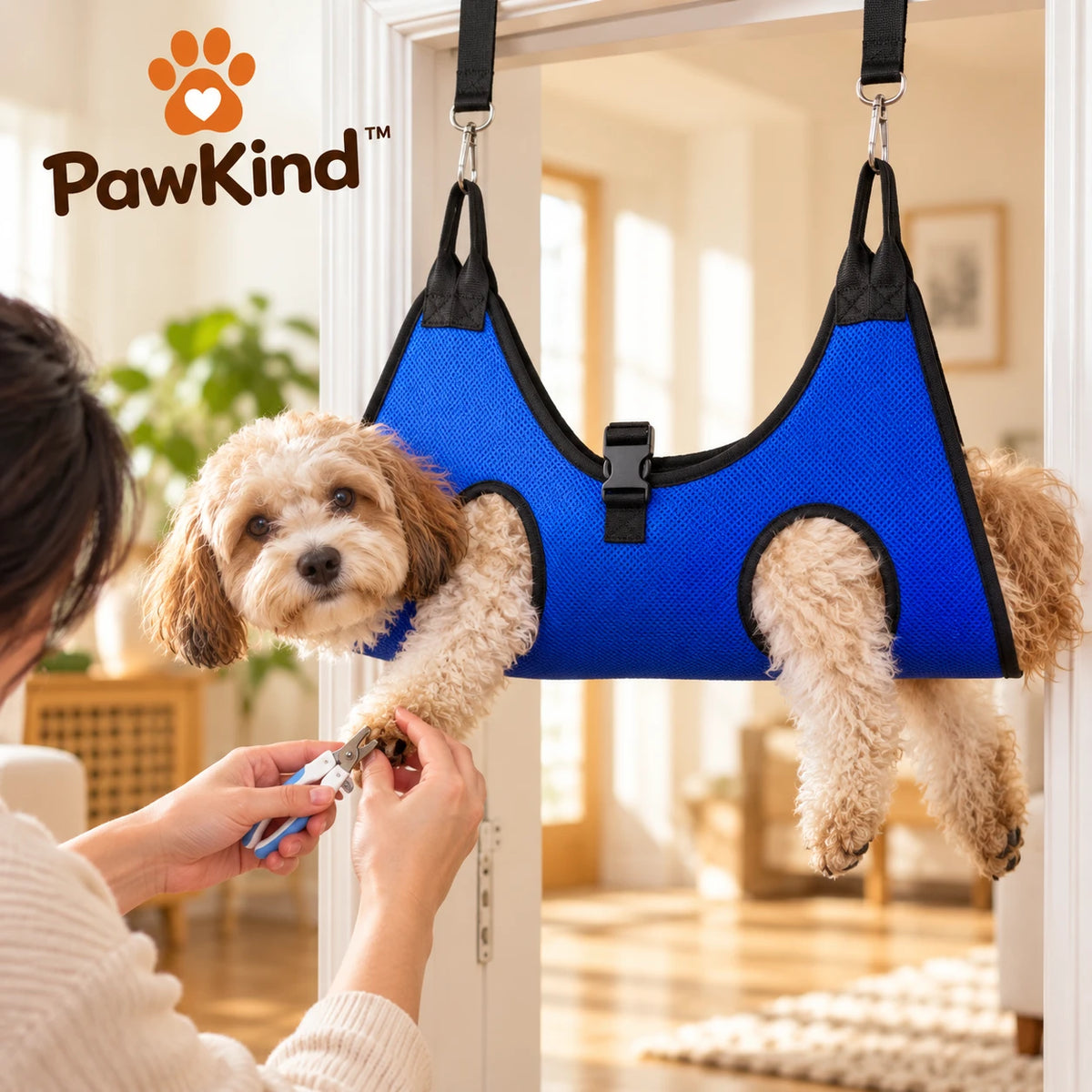 Dog relaxing in the PawKind Calm Grooming Hammock during a nail trim