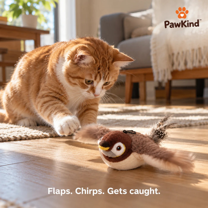 Cat pouncing on the PawKind Flutter Bird plush toy