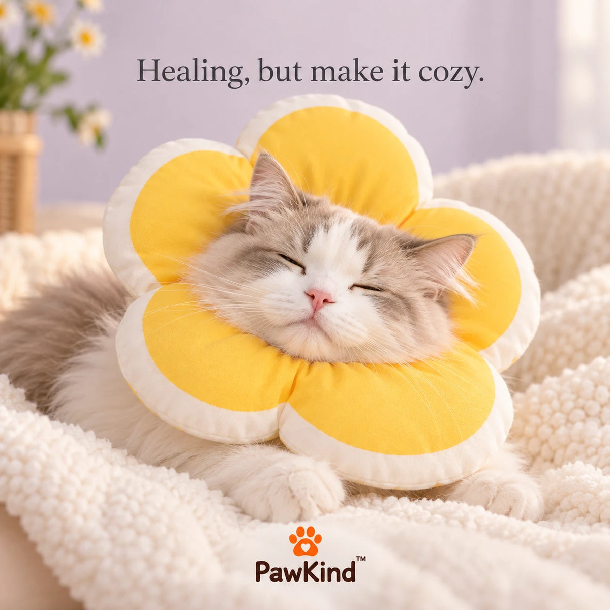 Cat sleeping comfortably in the yellow PawKind Soft Flower Recovery Collar