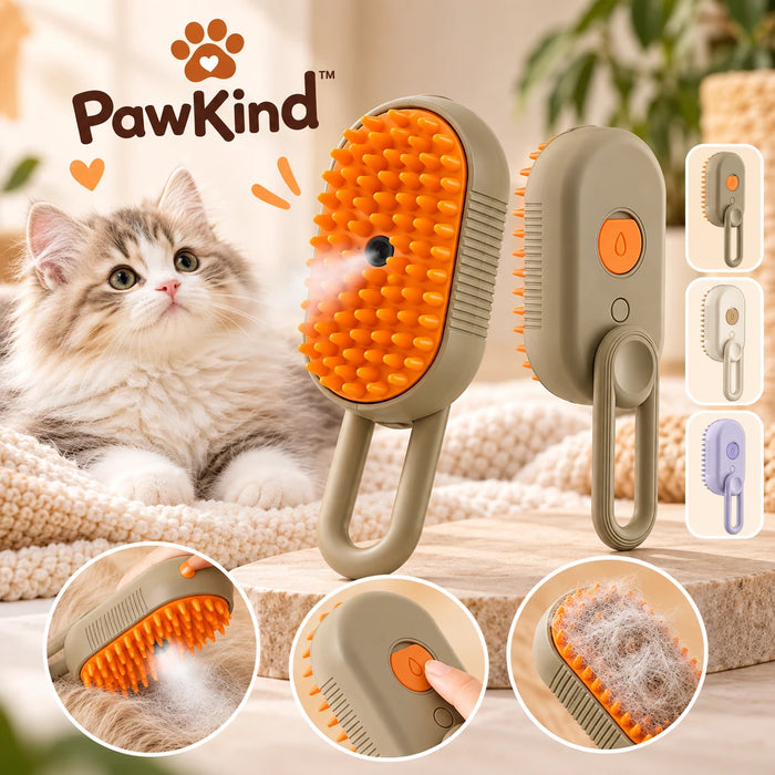 PawKind 3-in-1 Mist Grooming Brush in Mocha with a kitten: gentle mist, one-touch button, removes loose hair