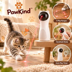 PawKind Auto-Play Laser Cat Toy with a kitten chasing the red dot: 5 play ranges, handheld mode, auto play timer